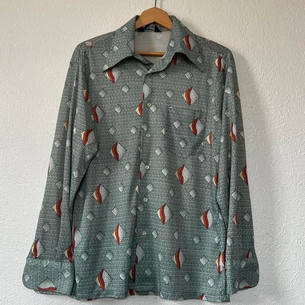 Vintage 70s Donegal Geometric Disco Shirt | Abstract Mod Pattern | Fits M 21x27”